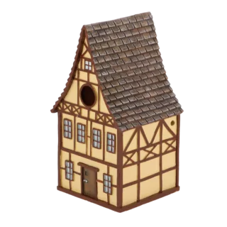 geel vakwerk vogel huis voorkant