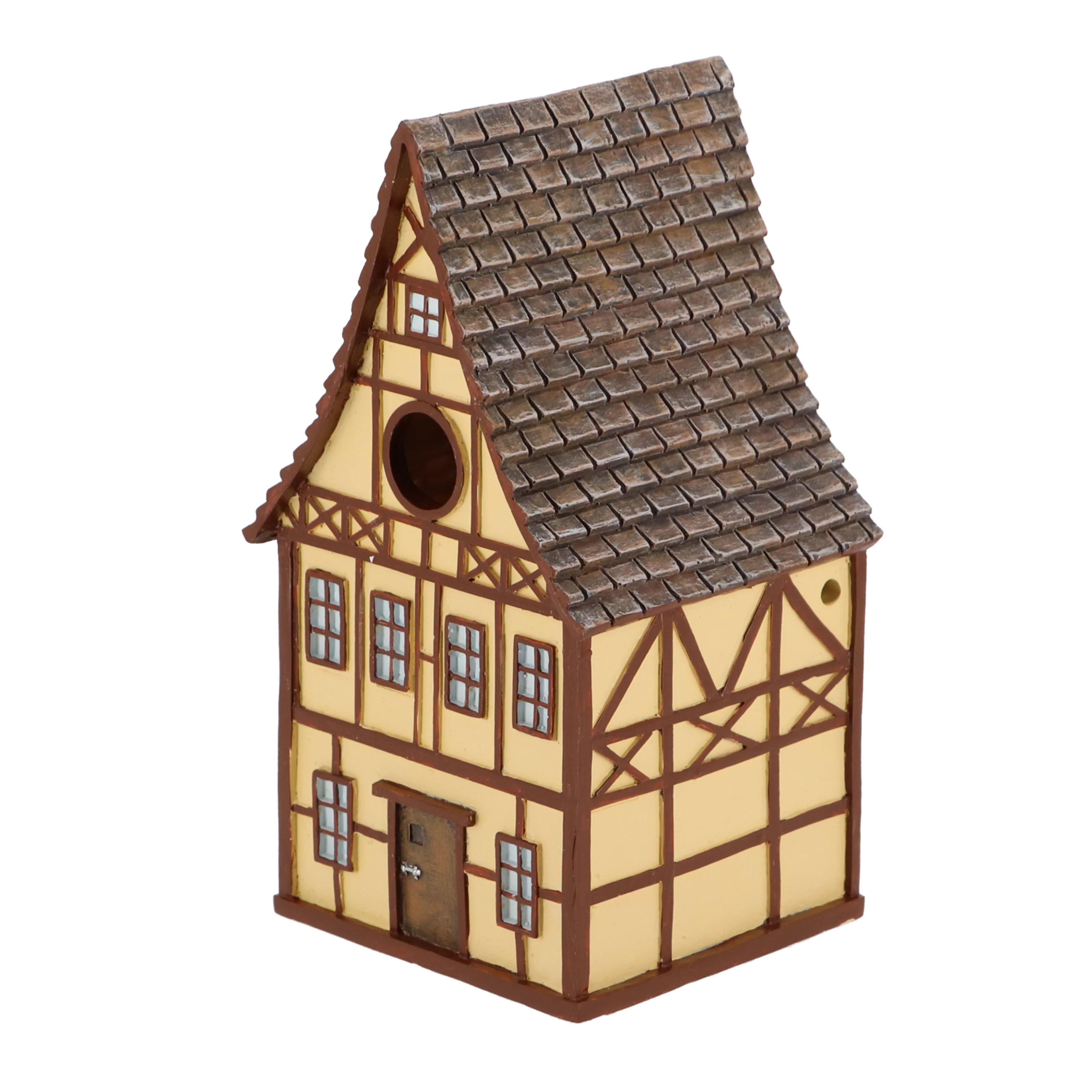 geel vakwerk vogel huis voorkant