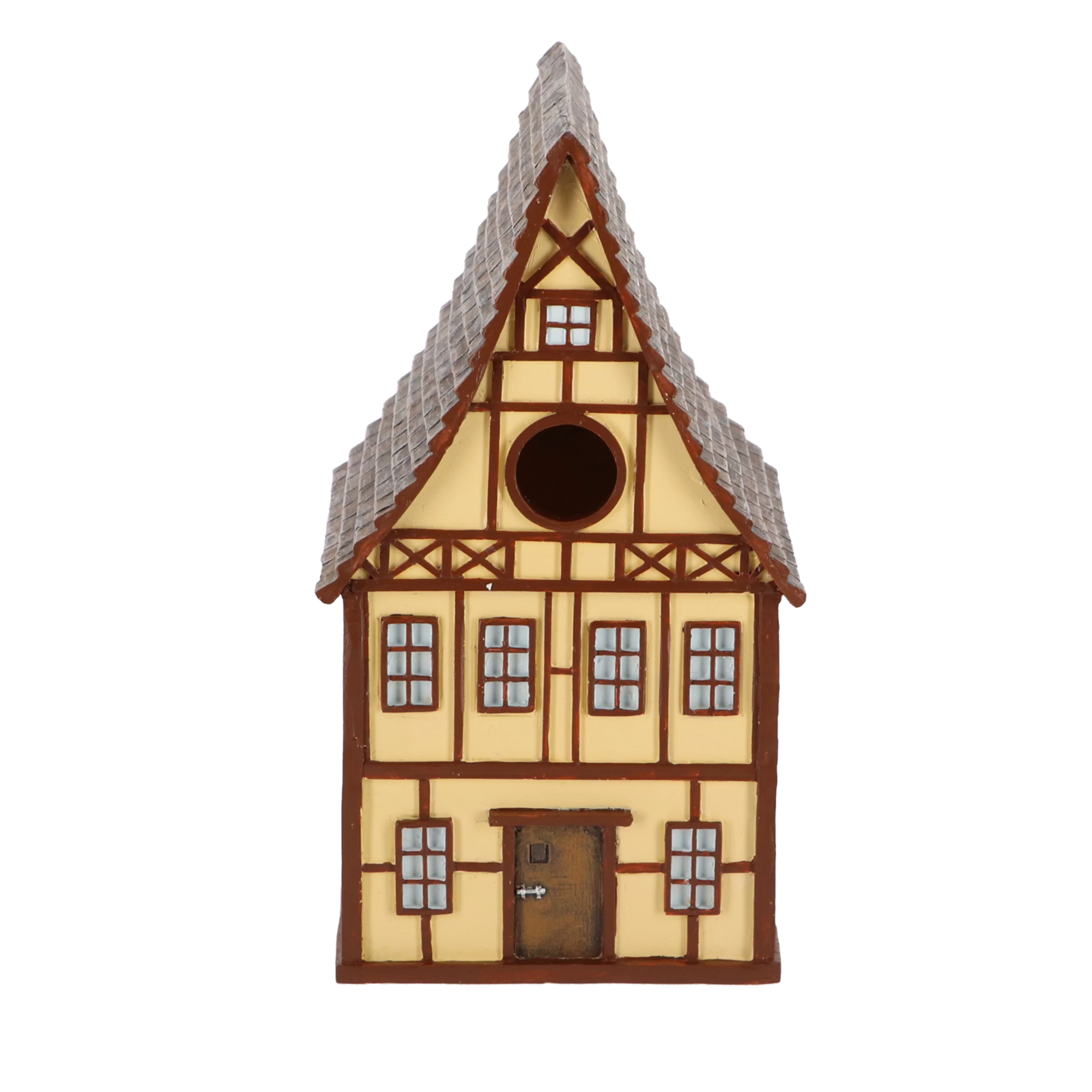 geel vakwerk vogel huis voorkant