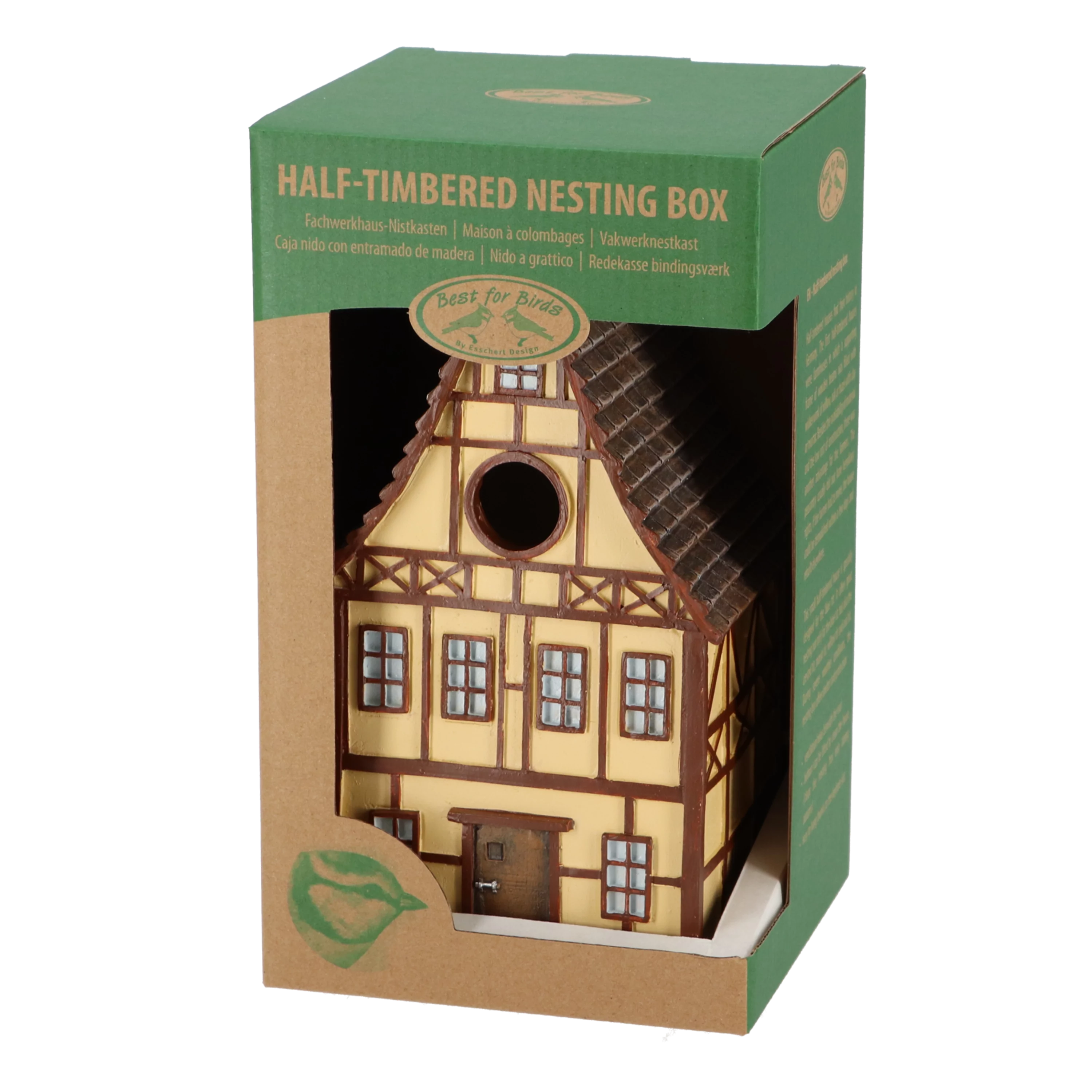 geel vakwerk vogel huis in doos voorkant