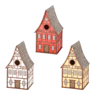 drie huisjes voor vogels in vakwerkhuis stijl in diverse kleuren