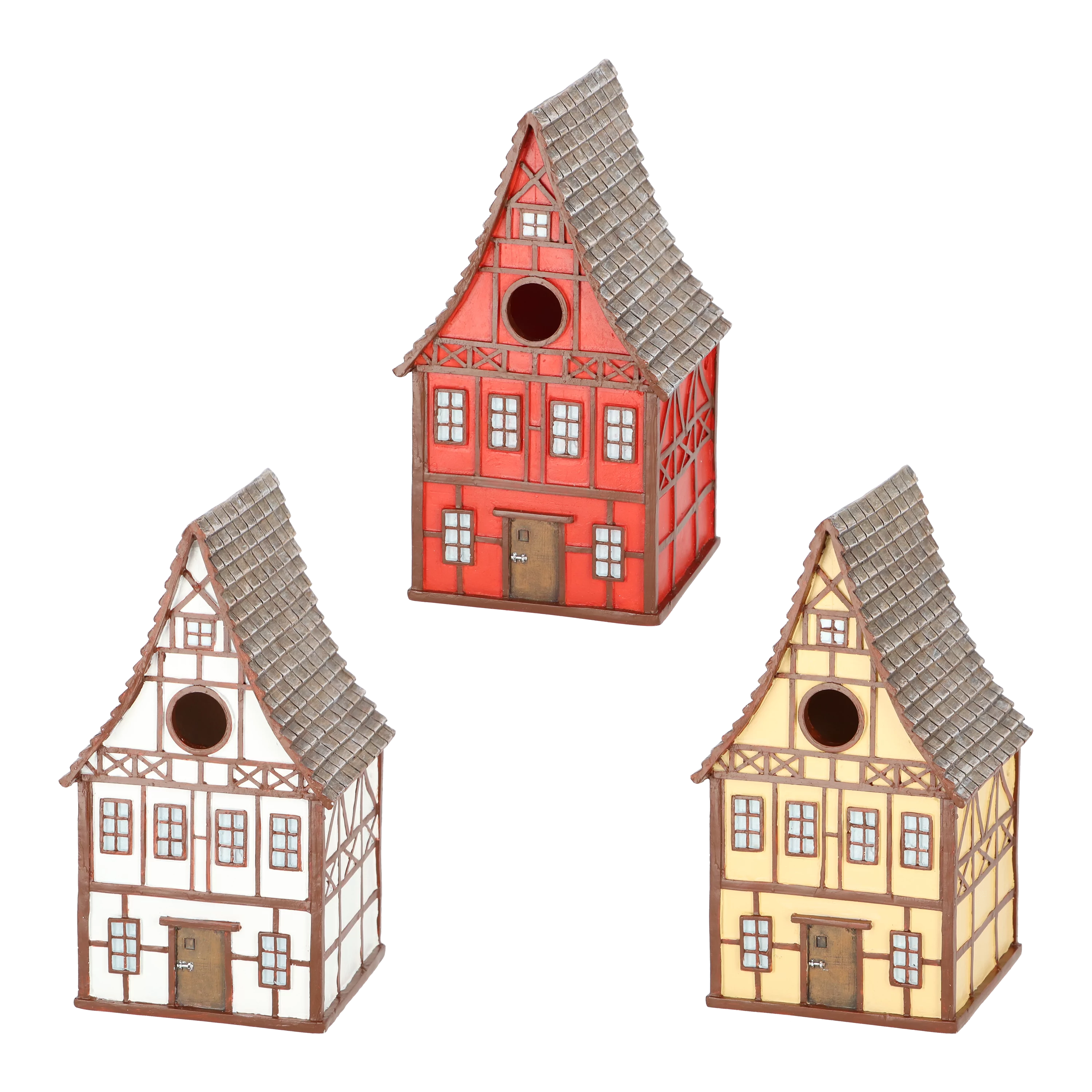 drie huisjes voor vogels in vakwerkhuis stijl in diverse kleuren