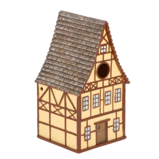 geel vakwerk vogel huis voorkant