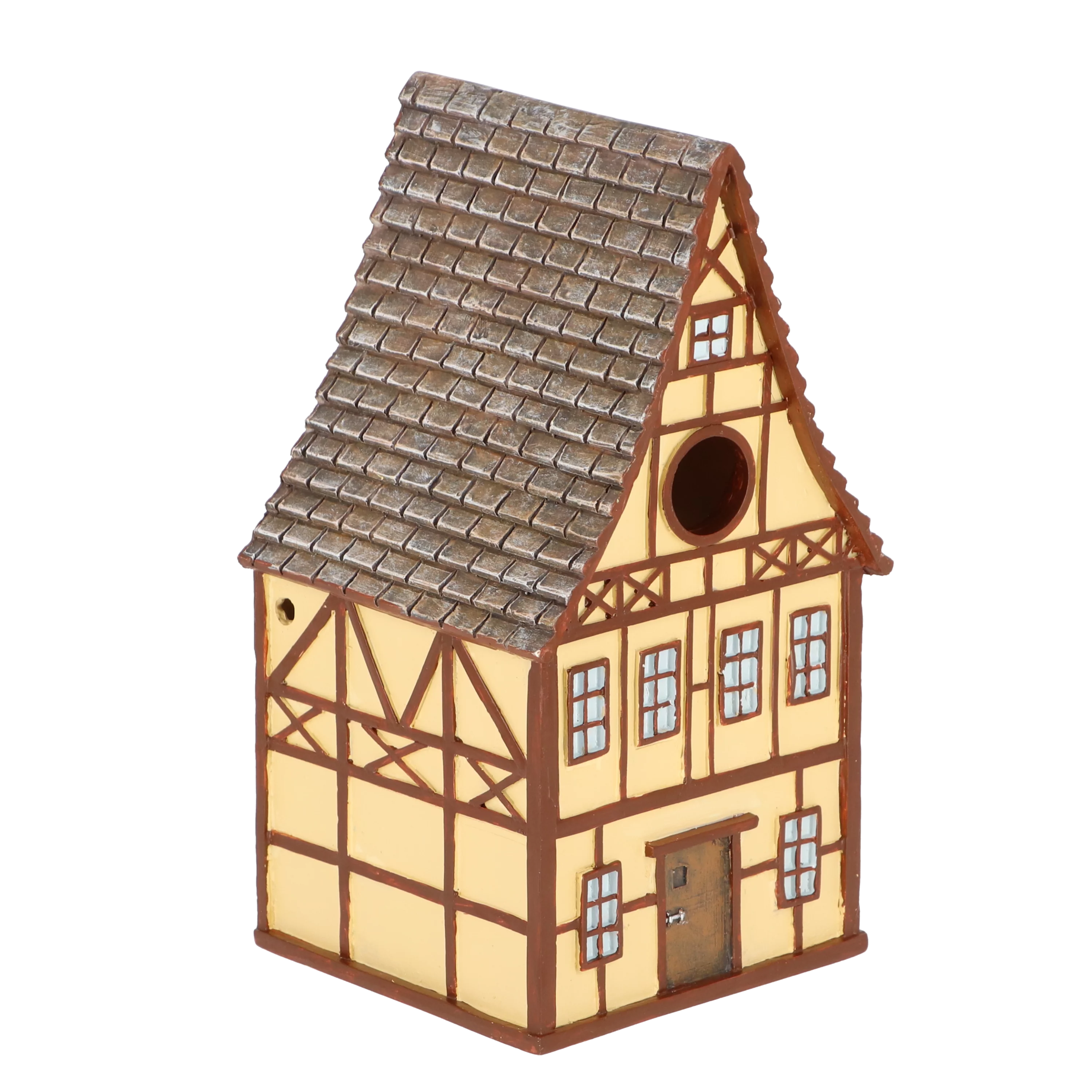geel vakwerk vogel huis voorkant