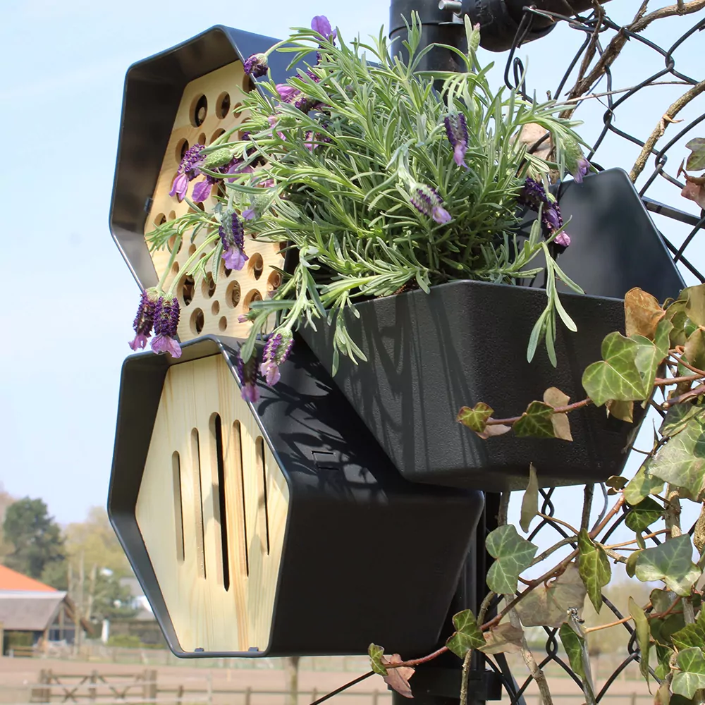 vlinderhuis en bijenhuis met plantenbak aan hek