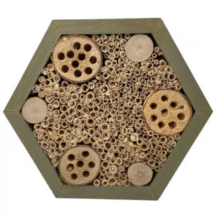 voorkant van een huisje voor bijen in de vorm van een hexagon
