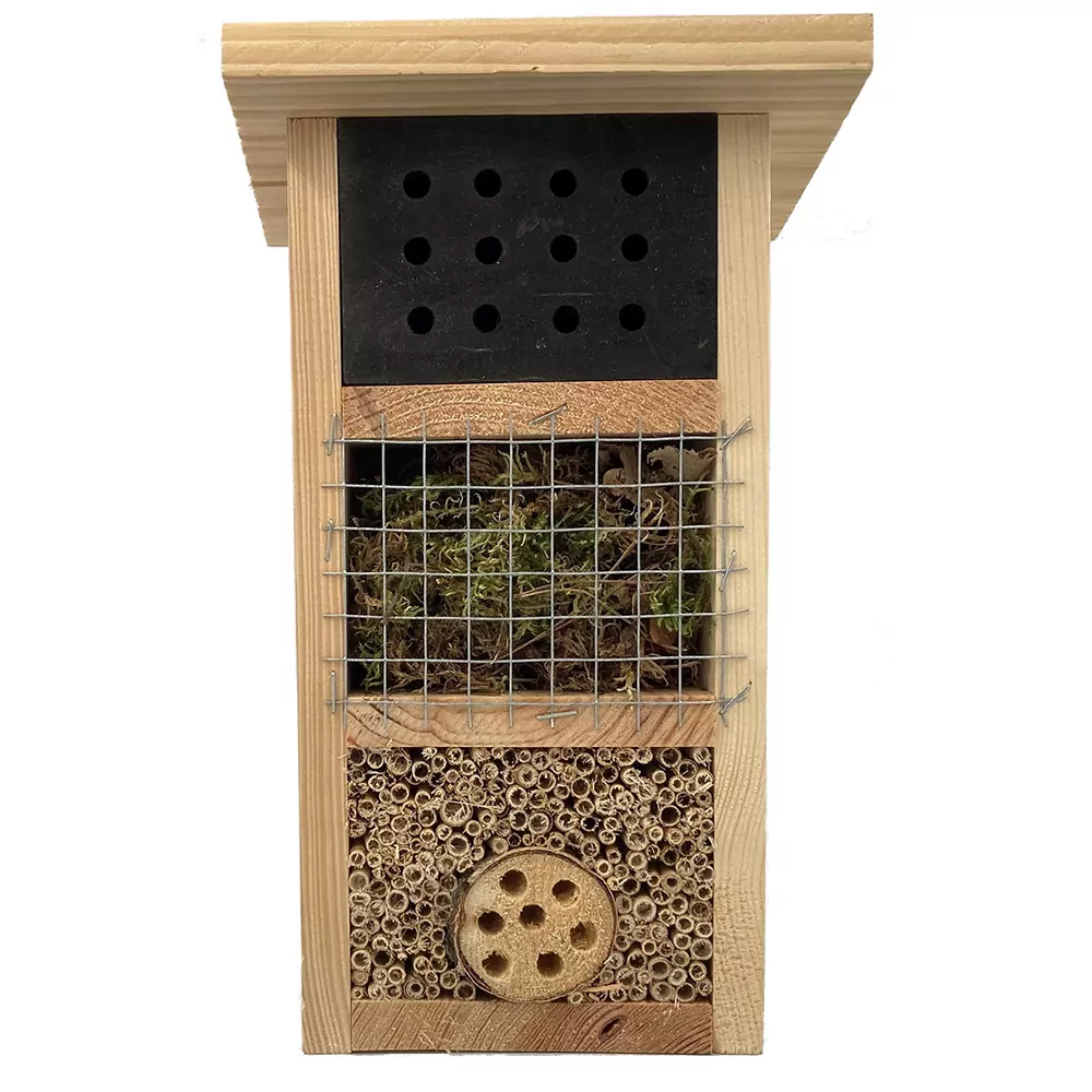 voorkant van een insectenhuis met drie compartimenten