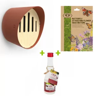 bruin kunststof huisje voor vlinders met zakje bloemzaden voor vlinders en nectar